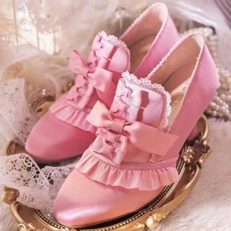 Lace Bow Pink Slip-On Cat Heel Pumps Woman Lolita White Lace Girl Cute Soft High Heels Shoes