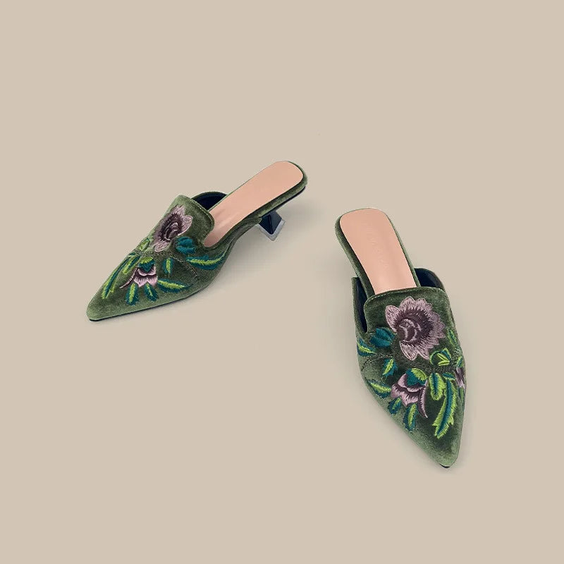 Embroidery Velour Shoes Woman Strange Heel Slippers Design Mules Femme Pointed Toe Wedges Tacones Slides Slip On Pantuflas Mujer
