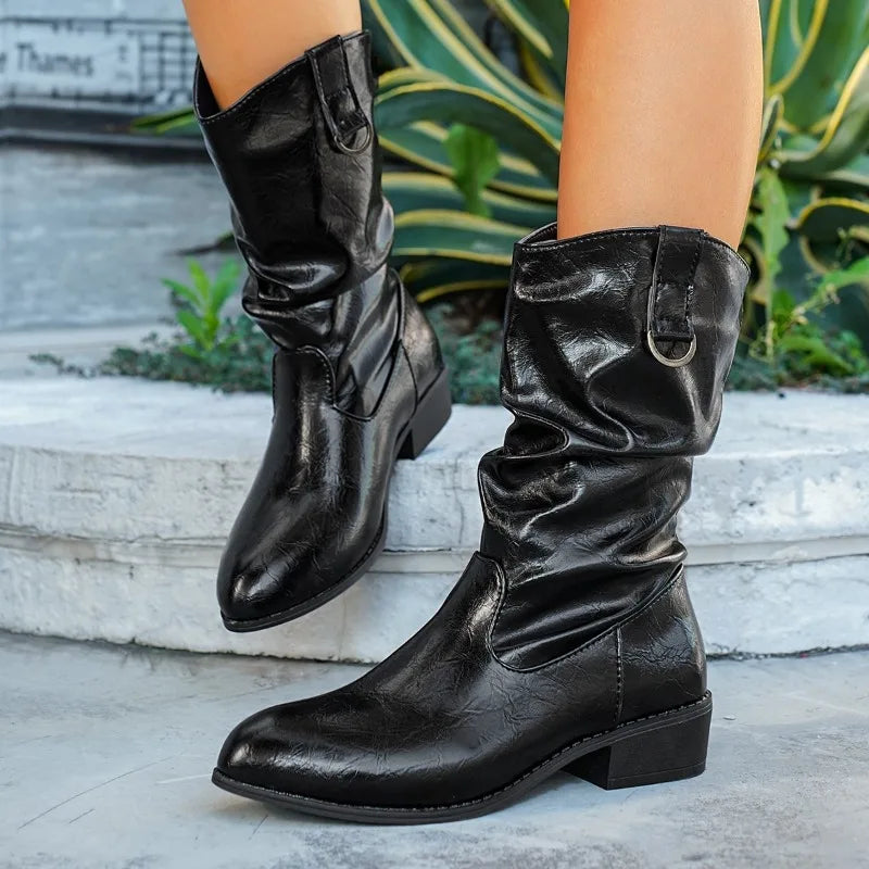 Pointed-toe Chelsea Boots Ankle Goth Shoes Woman Mid Heels Chunky Motorcycle Zapatillas Mujer