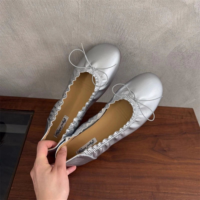 Brand Flat Shoes Round Toe Pleated Shallow Slip On Boat Shoes Soft Flat Heel Single Shoes