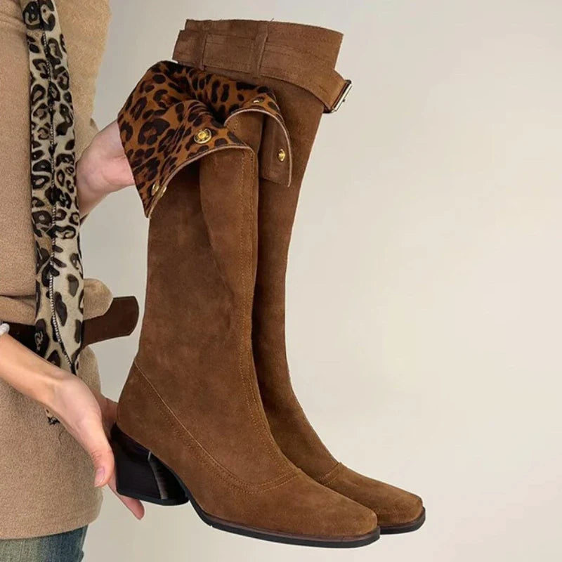 Thick Heels Woman Knight High Boots Square Toe Party Vintage Western Long Booties