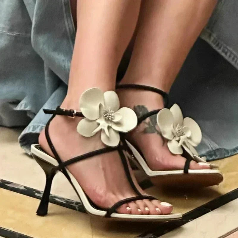 Flower Heels Sandals Open Toe Narrow Band Slingback Shoes Ankle Strap Elegant Party Wedding Shoe Zapatos De Mujer