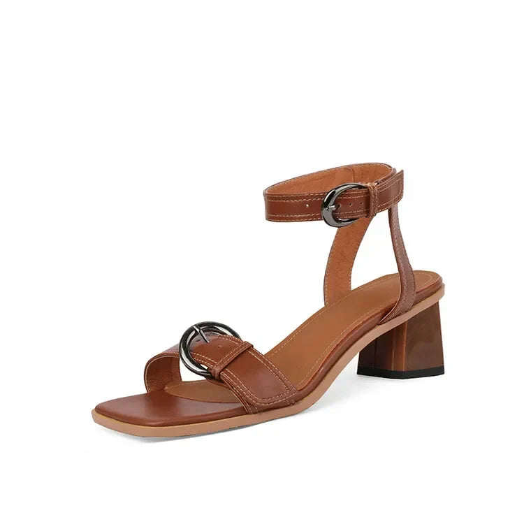 Shoes Square Toe Chunky Heel Cow Leather High Heels Solid Band Shoes Casual Black Shoes