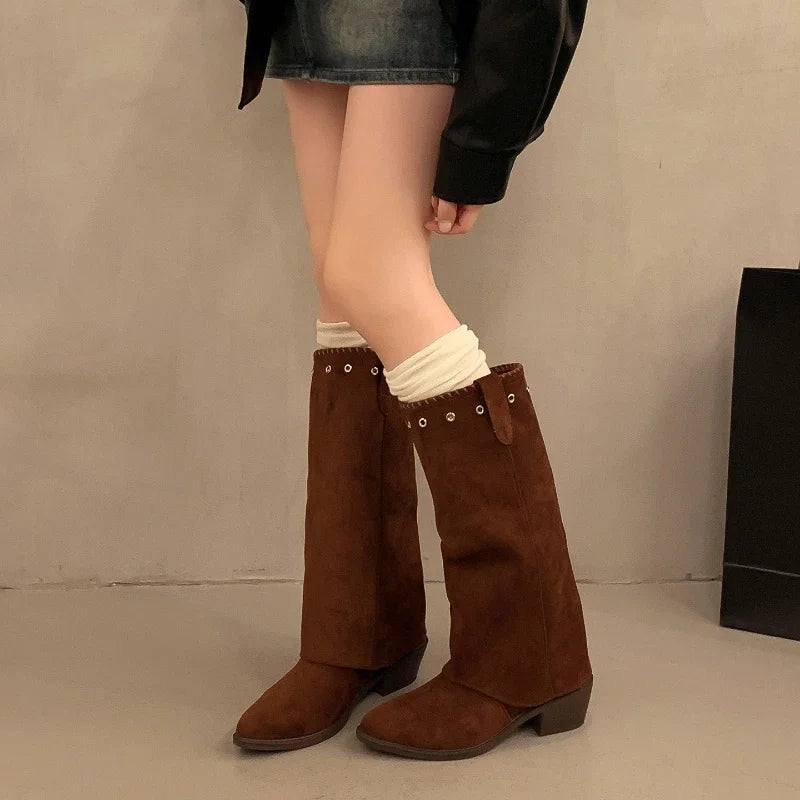 Vintage Thick Heel Western Cowboy Boots Button Combination Splicing Shoes Pipe Long Booties