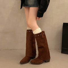 Vintage Thick Heel Western Cowboy Boots Button Combination Splicing Shoes Pipe Long Booties