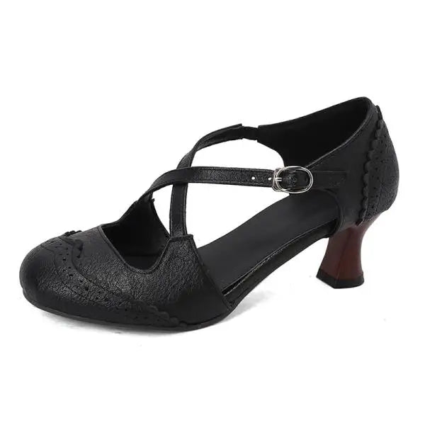 Cross Sandals Buckle High Heels Black Shoes