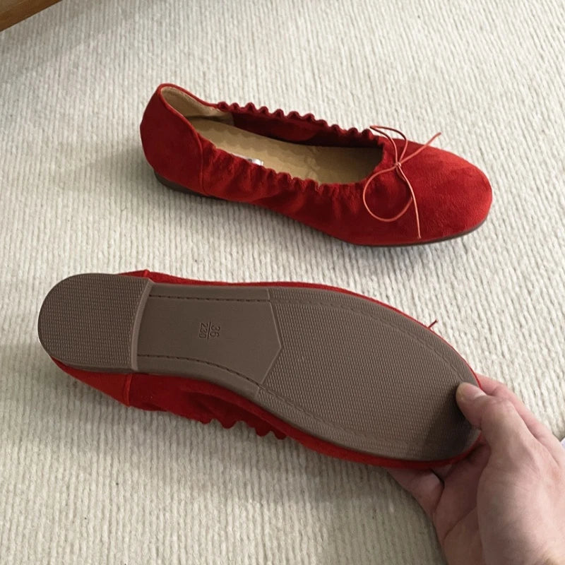 Suede Retro Bowknot Round Toe Flat Shoes Soft Sole Comfort