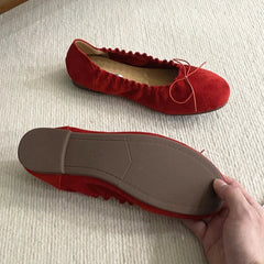 Suede Retro Bowknot Round Toe Flat Shoes Soft Sole Comfort