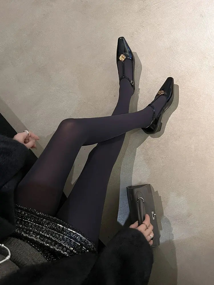 Retro Mary Jane Leather Buckle Thick Heel Square Toe Metal Flower Shoes 34-40