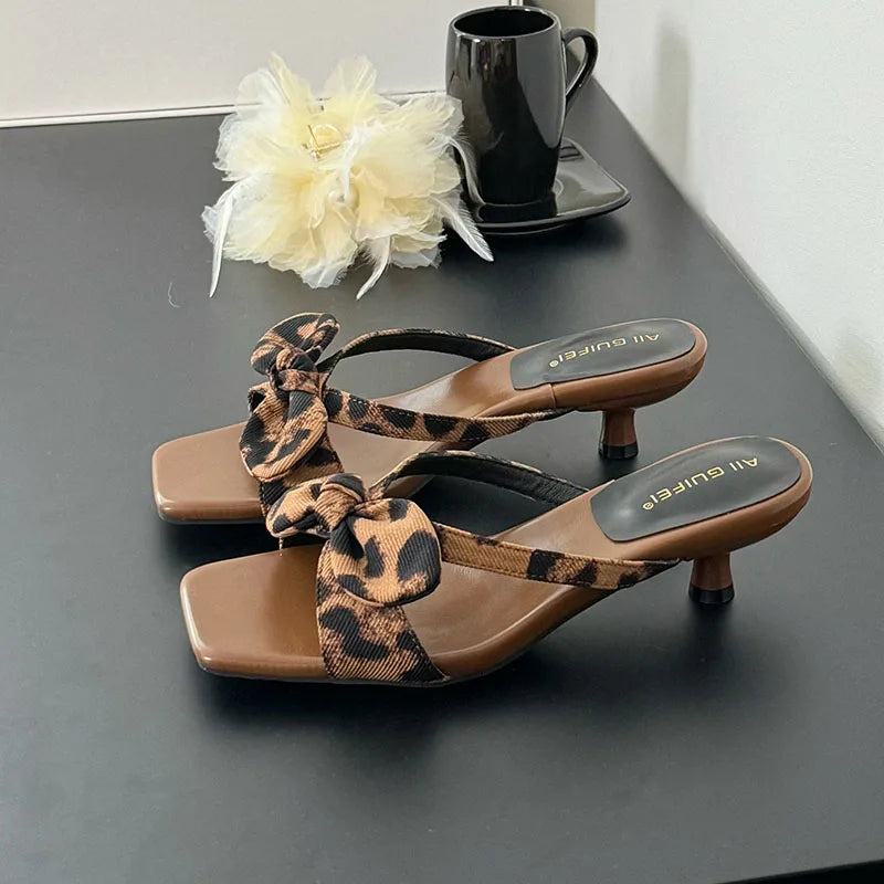Low Heel Slides Slippers Shoes Butterfly-Knot Heeled Sandals