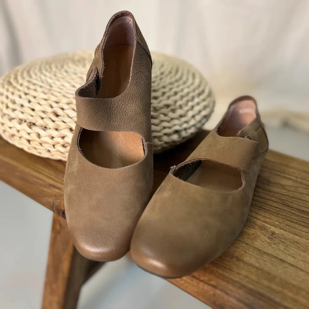 Flat Shoes Genuine Leather Retro Round Toe Flat Ballet Shoes Mary Jane Single Shoe Flats