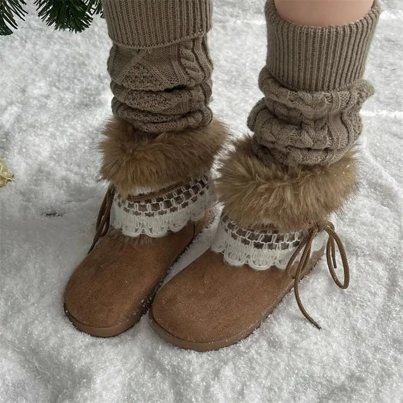 Sweet Lace Decoration Furry Suede Snow Boots Thick Bottom Fluffy Fur Ankle Boots Warm Plush Shoes
