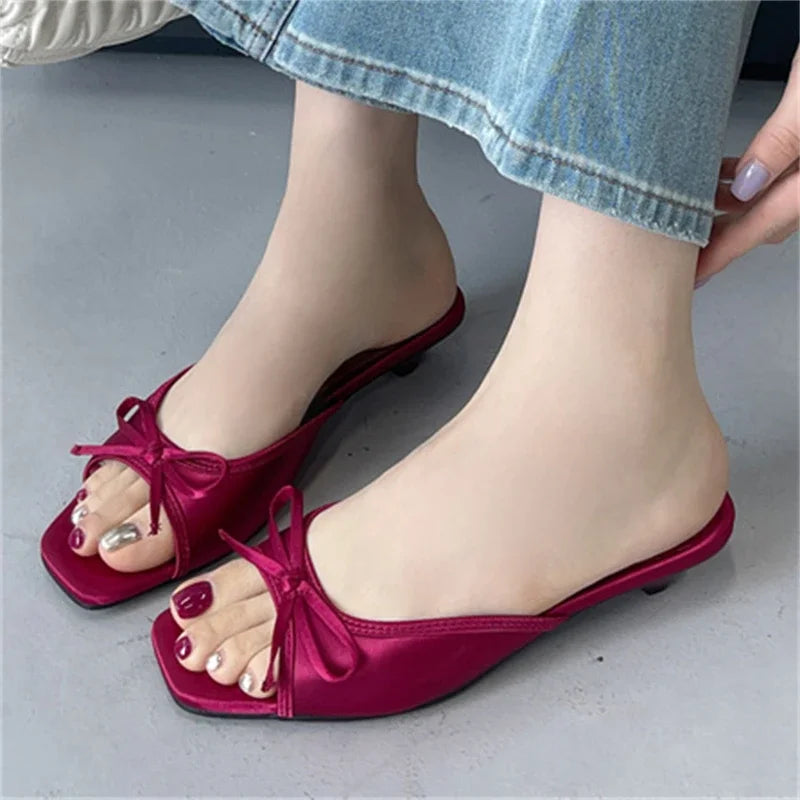 Butterfly-kont Slippers Elegant Square Toe Party Dress Sandals Low Heels Shoes Large Size 43