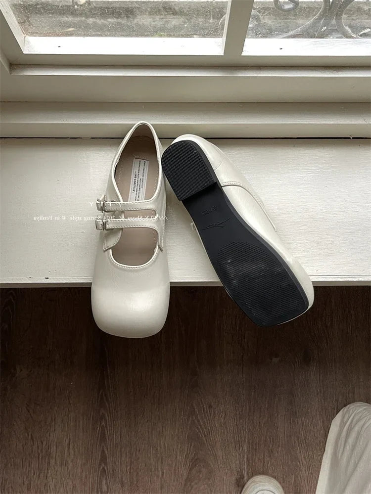 Vintage Slip On Loafers Casual Square Toe Ankle Strap Buckle Mary Jane Shoes Chunky Low Heel Pumps