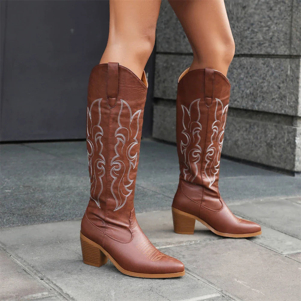 Western Cowboy Knee High Boots Pointed Toe Thick High Heeled Embroider Red Long Booties Trendy Shoes Woman