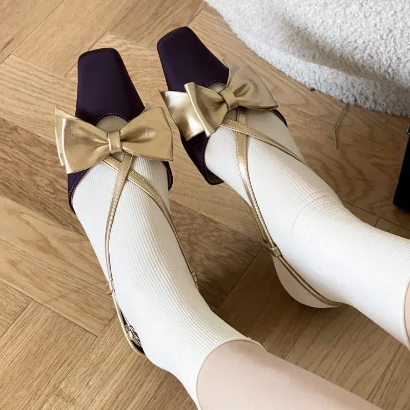 Sweet Butterfly-knot Low Heel Mules Shallow Elegant Comfy Cross-tied Square Toe Slingback Sandals