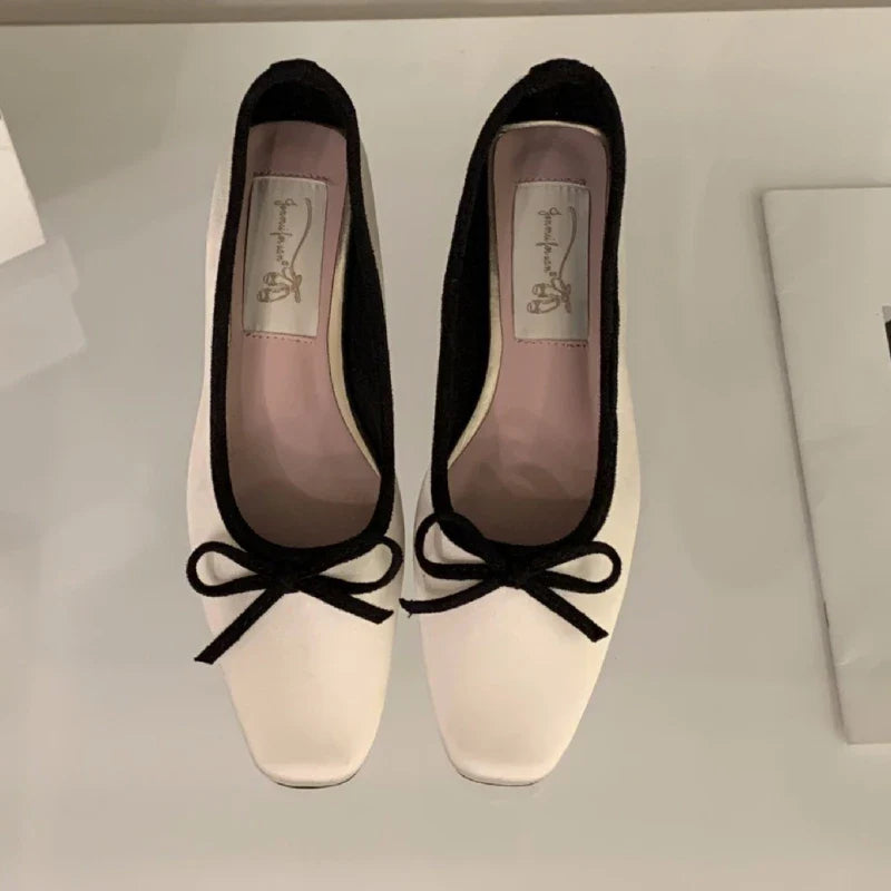 Satin Round Toe Bowknots Flat Shoes Vintage Brand Designe Open Heel Sweet Party Dress Square Heel Loafers