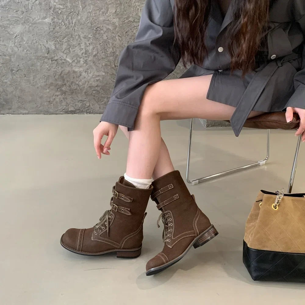 Design Narrow Band Lace-up Knee-High Boots Vintage Round Toe Square Low Heels Shoes