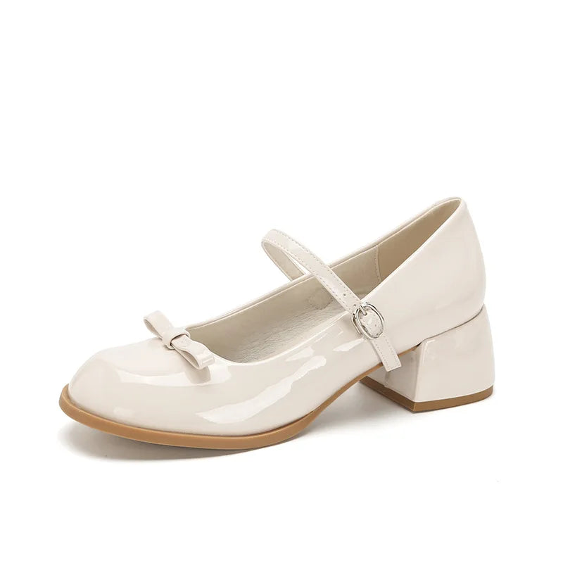Round toe bowtie mary janes pumps thick high heels lolita shoes ankle strap japanned leather talons femmes