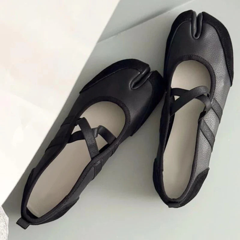 Split-Toe Casual Ballet Flats Shoes Pu Leather Cross Band Mary Janes Shoes Streetwear Elegant Loafers