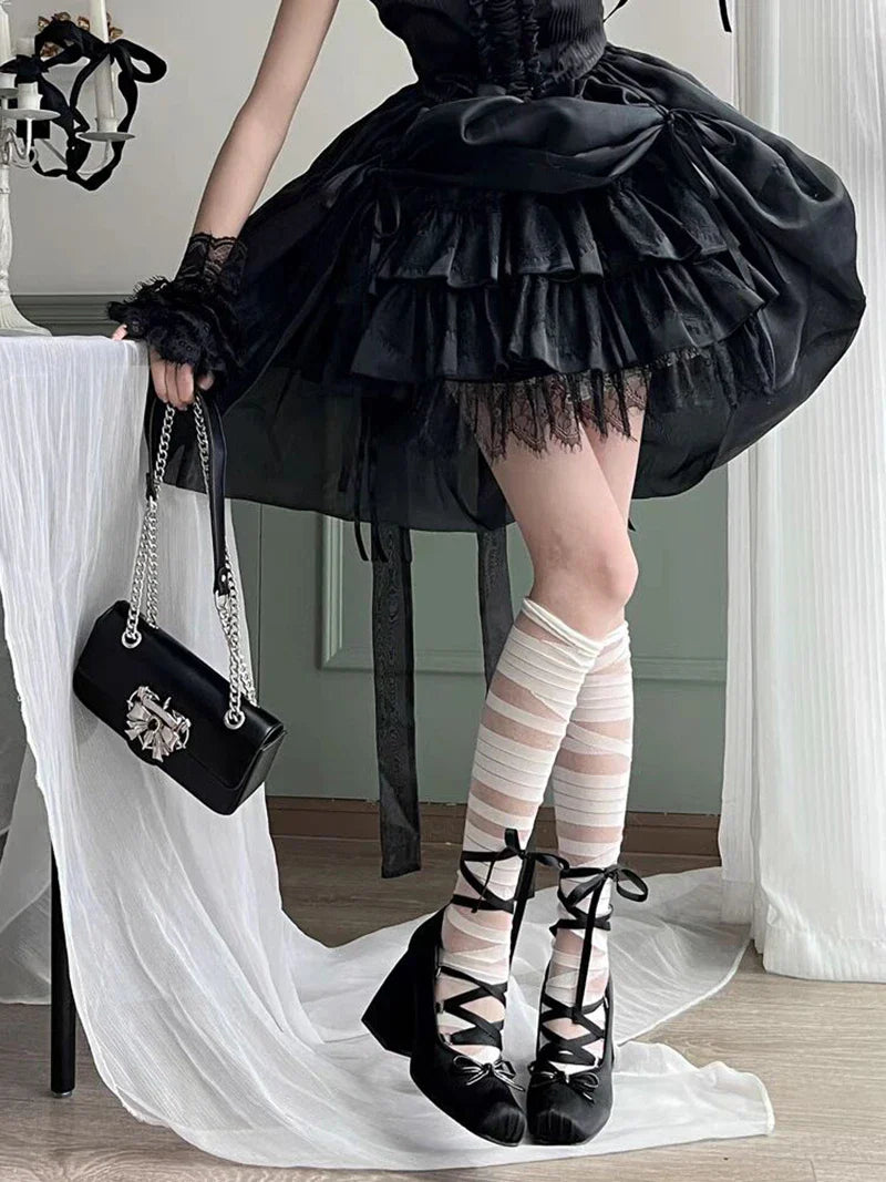 Silk square toe 9cm heel ballet shoes lace up