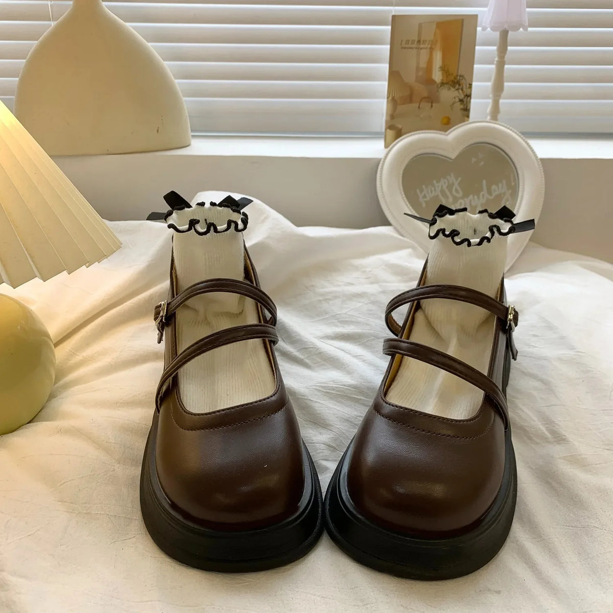 Leather Mary Jane Shoes Japanese Style Lolita Round Toe High on Platform Footwear Black Gothic Vulcanized