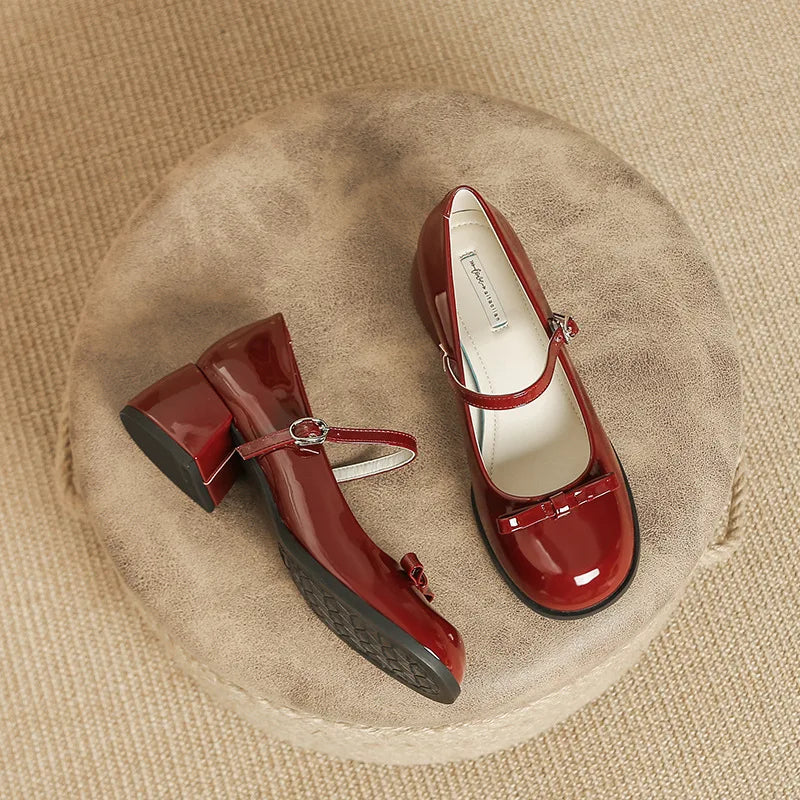 Round toe bowtie mary janes pumps thick high heels lolita shoes ankle strap japanned leather talons femmes