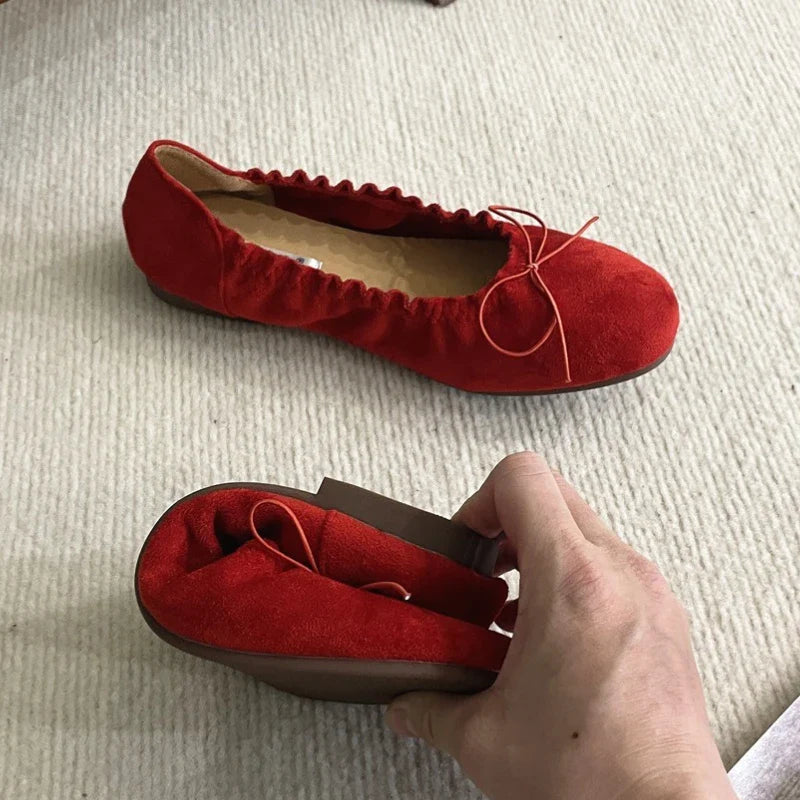 Suede Retro Bowknot Round Toe Flat Shoes Soft Sole Comfort