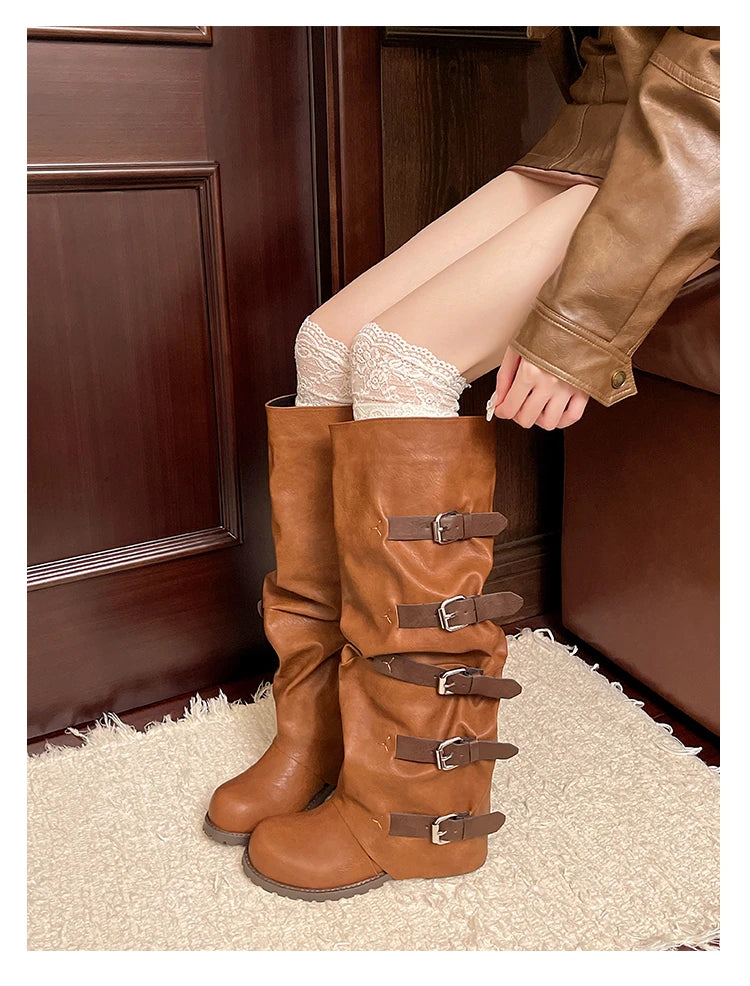 Knee-high Boots Shoes Woman Knight Boots Woman Buckle Chelsea Long Botas Pu Leather Motorcycle Shoes