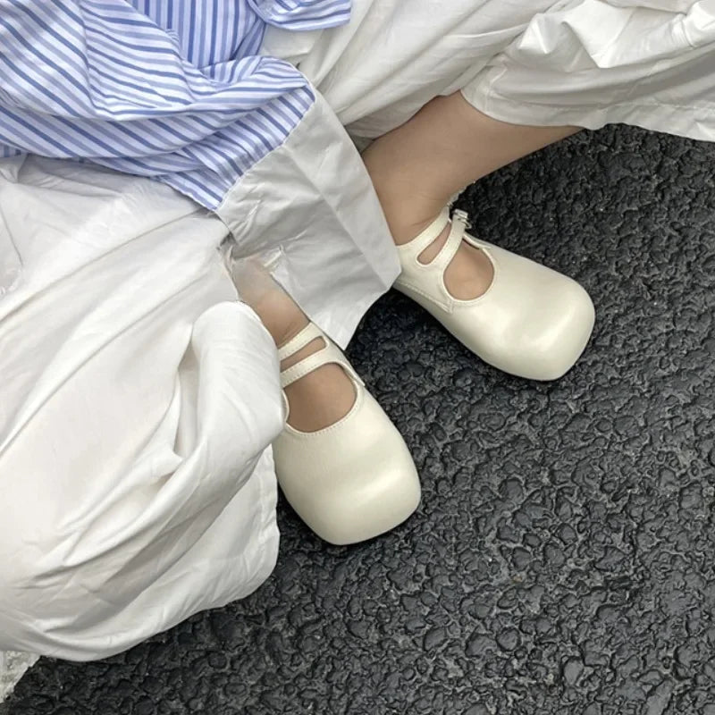 Vintage Slip On Loafers Casual Square Toe Ankle Strap Buckle Mary Jane Shoes Chunky Low Heel Pumps
