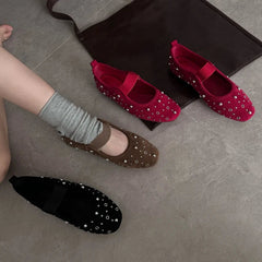 Retro Rivet Ballet Flats Suede Round Toe Mary Jane Shoes Comfort Shallow Flats Shoes Zapatos De Mujer