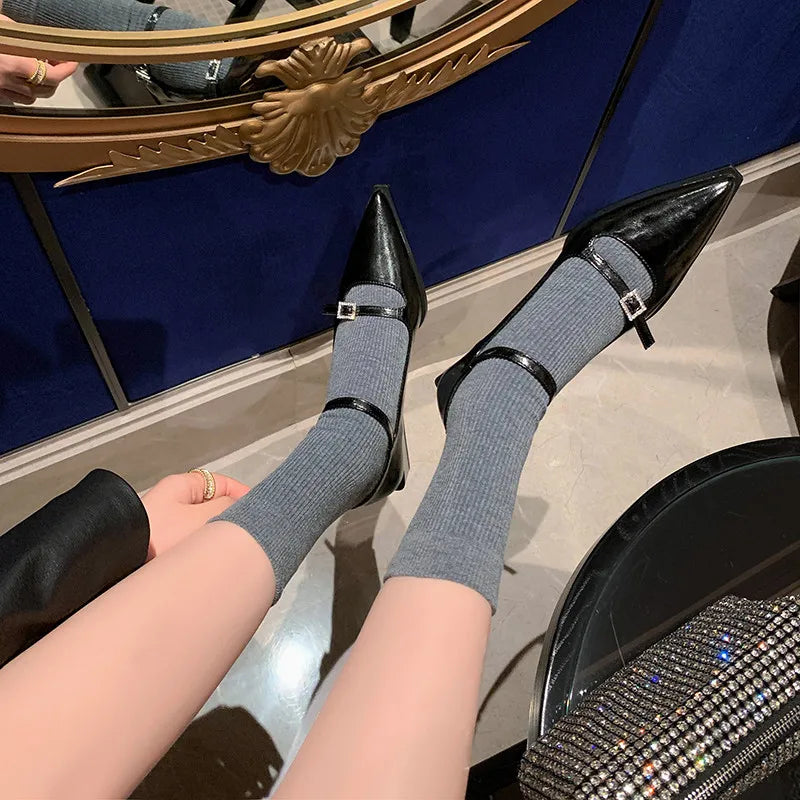 Low Heels Pointed Toe Vintage Genuine Leather Mary Janes Shoes Woman Casual Office Ladies