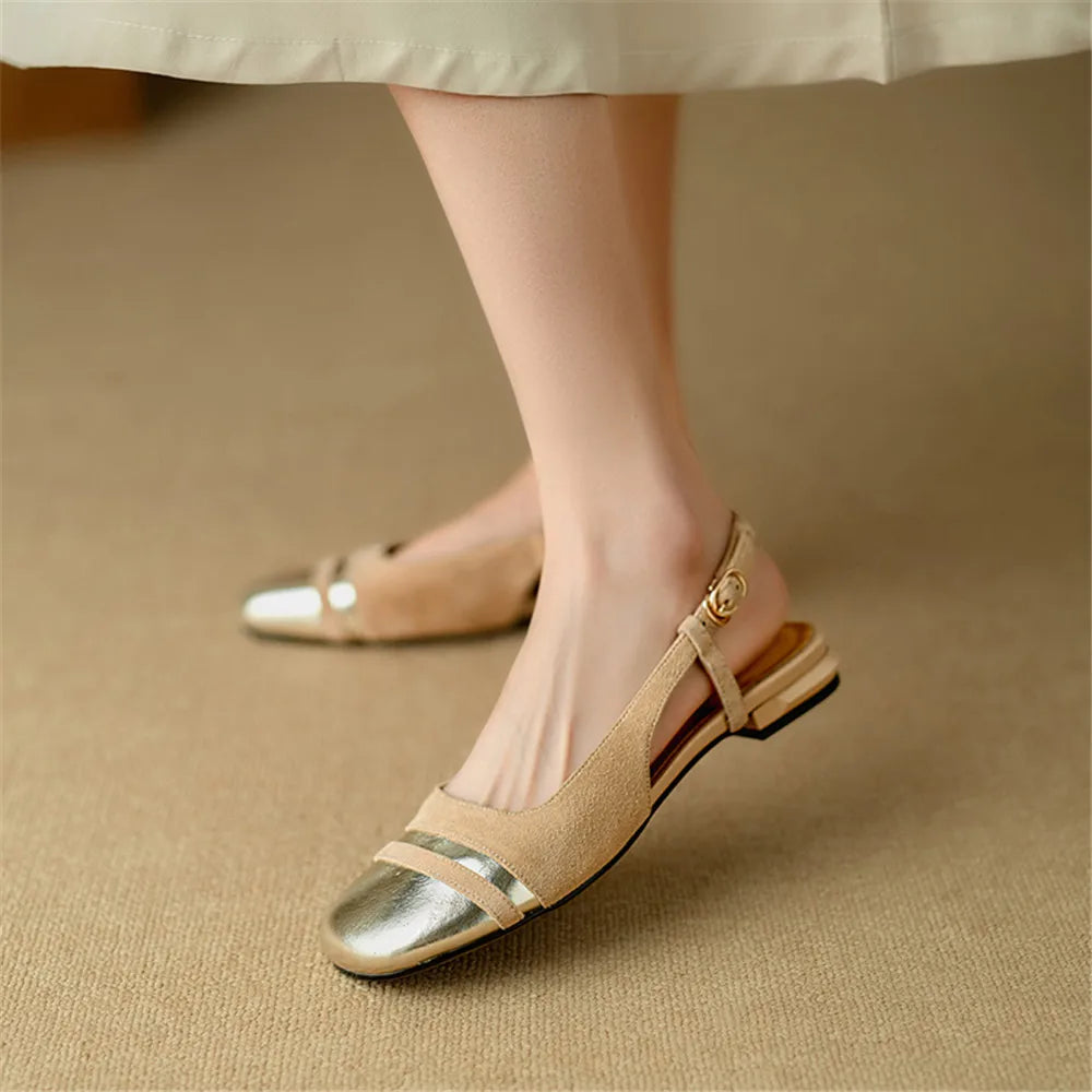Classic Design Cow Leather Flats Shoes Slingbacks Comfort Woman Round Toe Flats Shoes