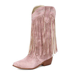 Fringe Western Boots Pink Sweet Embroidered Boots Brown Tassels Block Medium Heels Shoes Plus Size 48 Lady