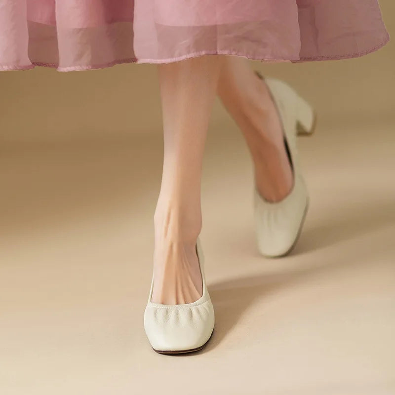 Oxford Shoes Vintage Pumps Mid Heels Square Toe Pumps Slip on Sewing High Heels Boat Shoes Elegant