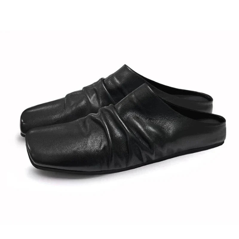 Pleated Leather Flat Mules Shoes Woman High Quality Squared Toe Slippers Comfort Outdoor Casual Flats