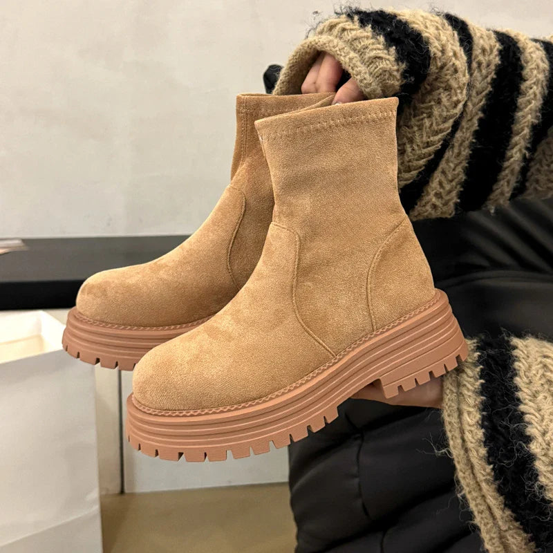 Chelsea Ankle Boots Suede Snow Short Botas Platform Mid Heels Shoes Brand Casual Sport Boots