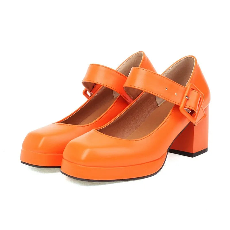 Classics High Heels Lolita Shoes Straps Mary Janes Shoes Red Orange White Pumps Party Wedding Shoes Size 45