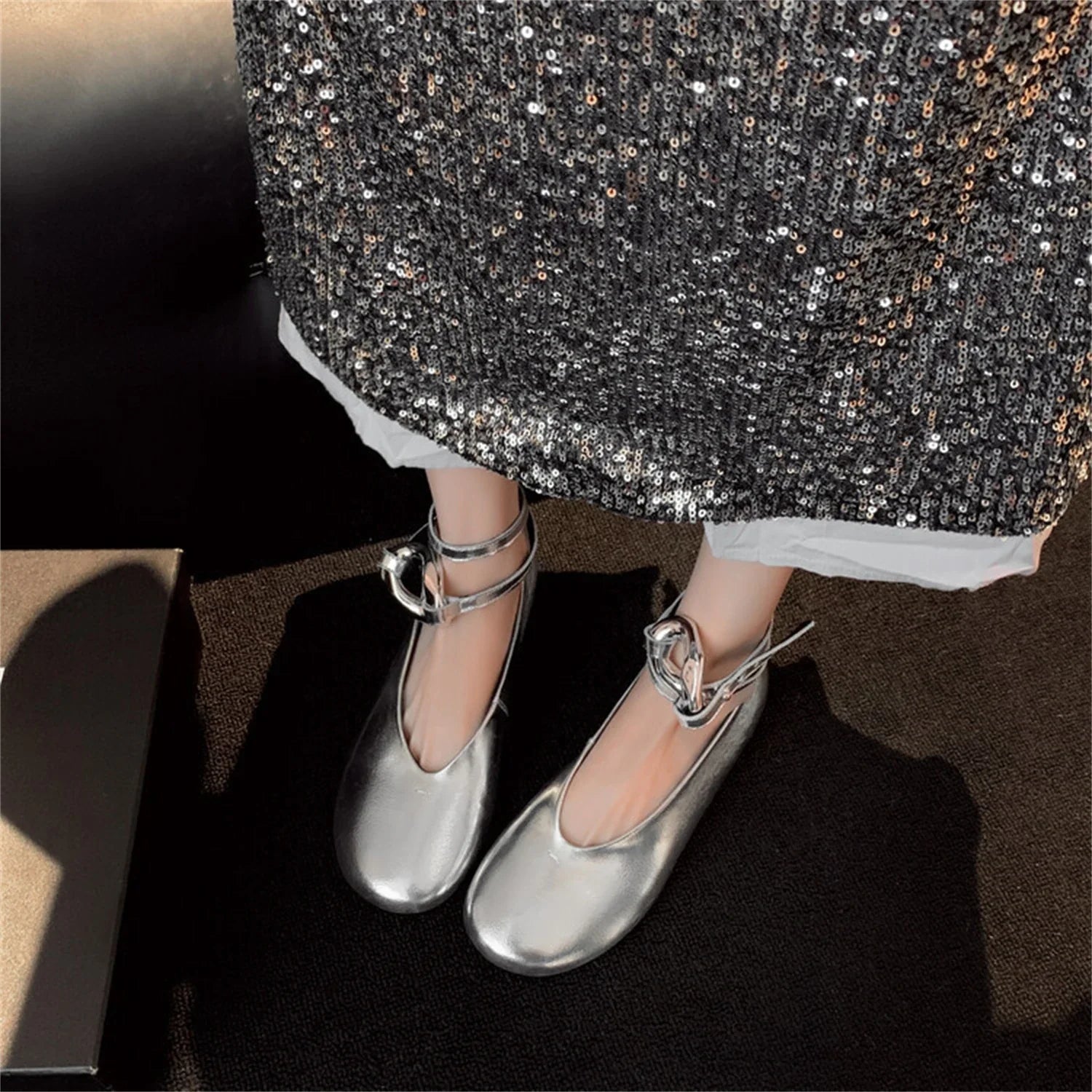 Sandals Mary Jane Flats Dupe Silver Black Gold Big Size Ankle Strap Round Toe Ballerinas Shoes