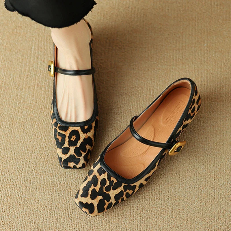 Toe Chunky Heel Shoes Horsehair Leopard Shoes