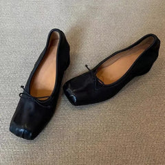 Square Toe wrinkled Mary Jane Shoes Soft Leather Round Heel Ballerina Shoes