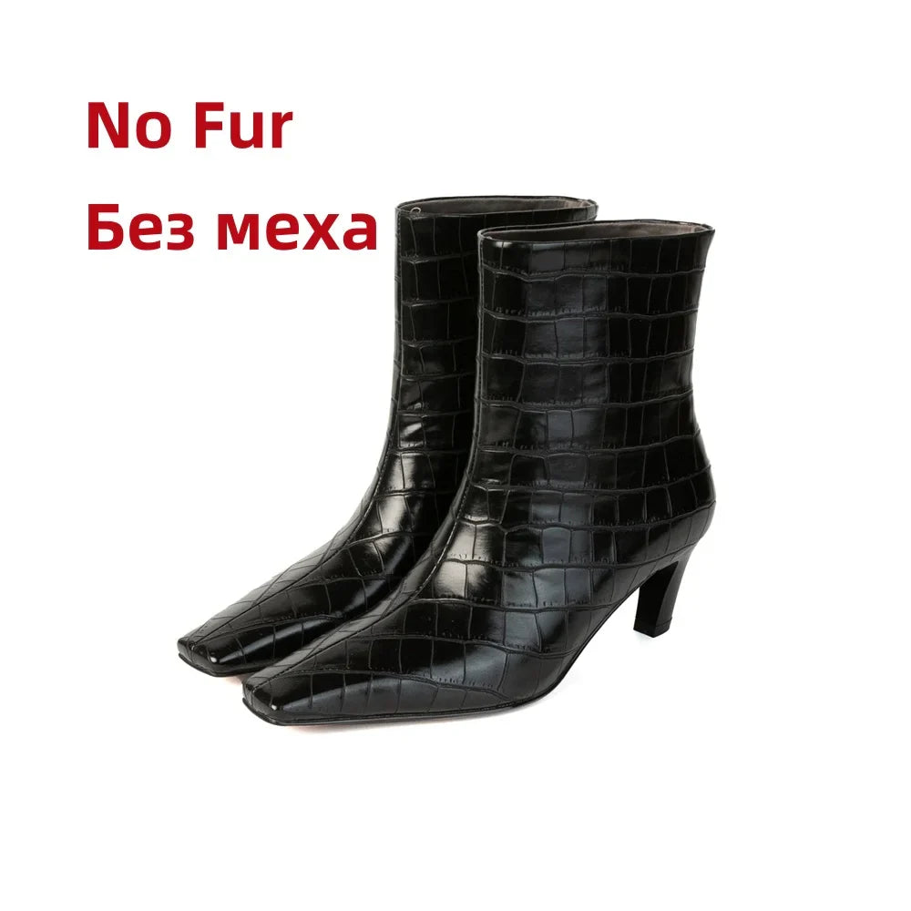 Stone Pattern Leather High Heels Short Shoes Office Lady Party Dancing Shoes Ankle Boots