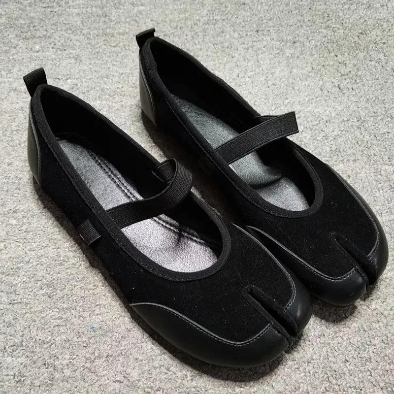 Split toe Faux suede Patchwork Tabi Ballet Flats Mary Janes Walking Loafers Casual Girls Dance Shoes