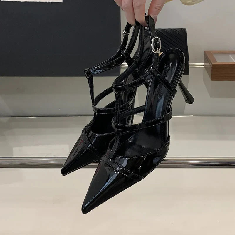 Pointed Toe Pumps Heels Shoes Ankle Buckle Footwear T-Strap Thin High Heels Shoes