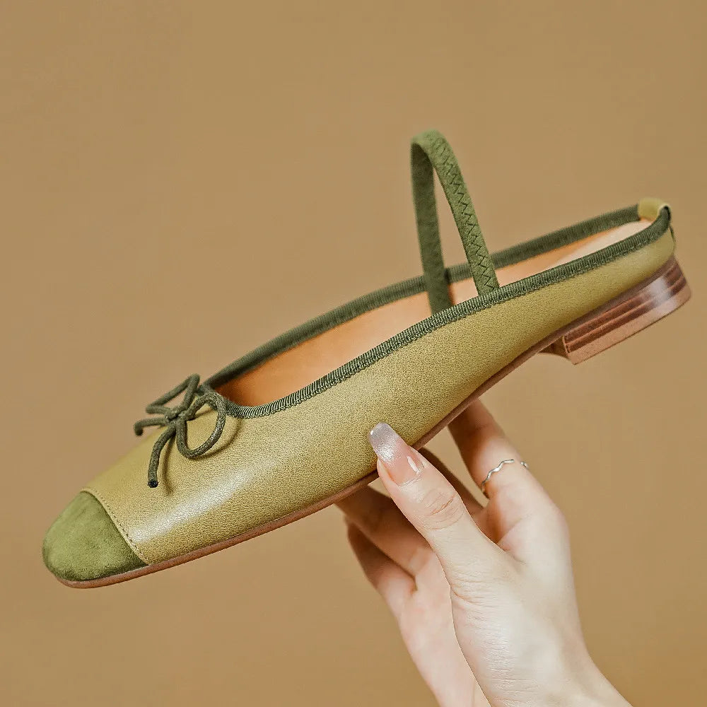 genuine leather mix color pathcwork round toe slip-on flats mules leisure soft comfortable shoes