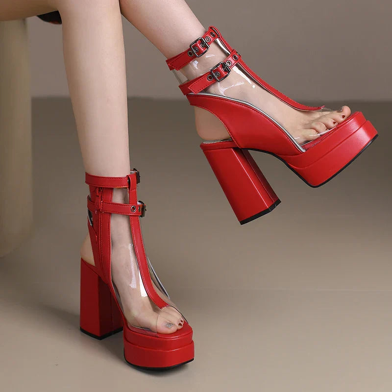 Brand Chic Thick Platform 12cm Super High Heels Ankle Boots Peep Toe Transparent Belt Buckle Slingback Shoes