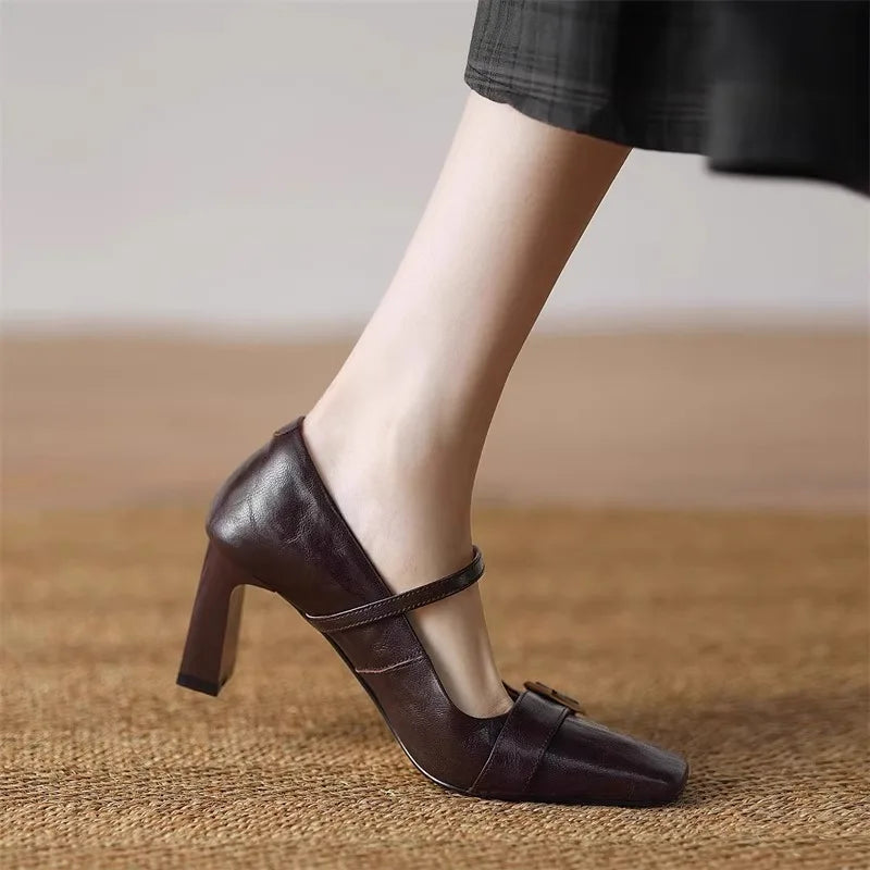 Metal Buckle Decoration Mary Jane Shoes Comfortable Leather High Heels Elegant Chunky Heel Zapatos De Mujer