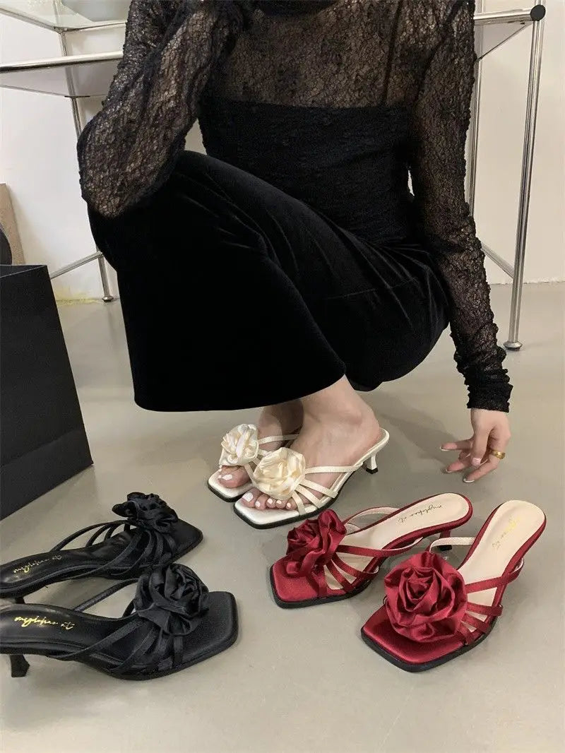 Red Rose Handmade Flower Sandal Heels Wedding Shoes Bride Shoes Design Pumps