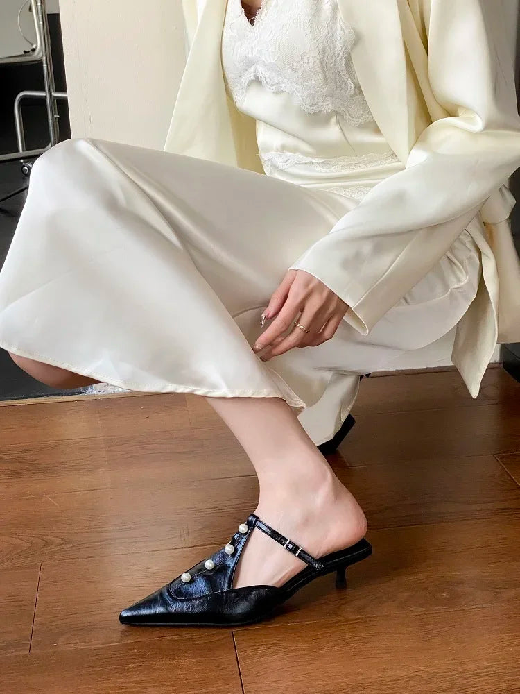 Woman Pumps String Pearl Pointed Toe Thin Low Heels Shoes Elegant Buckle Strap Zapatos De Mujer