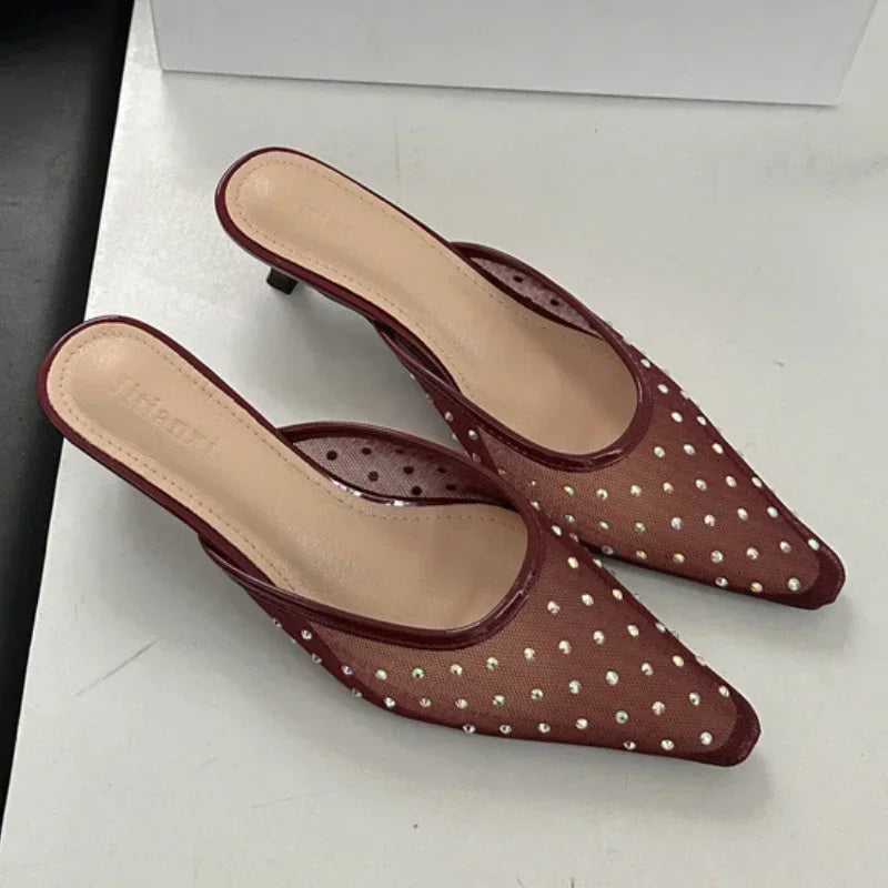 Mesh Rhinestone High Heels Breathable Pointy Toe Shallow Mouth Slippers